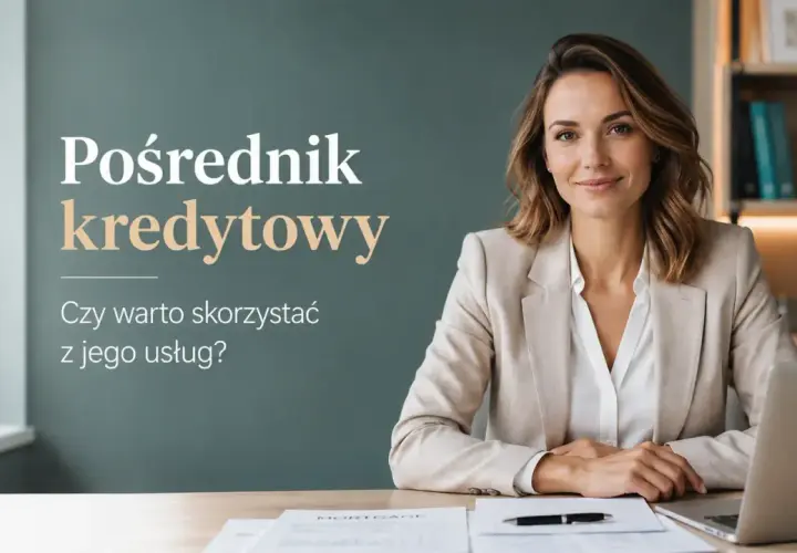 Uśmiechnięta kobieta w jasnej marynarce siedzi przy biurku z laptopem. Tekst: "Pośrednik kredytowy. Czy warto skorzystać z jego usług?".
