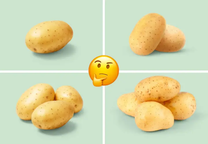 En tankfull emoji funderar på hur mycket potatis per person som behövs. Fyra bilder visar olika mängder potatis.