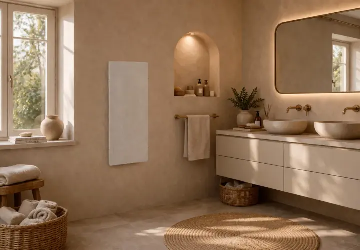 Baño moderno con lavabos dobles, espejo iluminado y radiador blanco. El calculo calefaccion es clave para este ambiente acogedor.