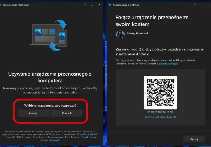 Aplikacja "Łącze z telefonem" pokazuje, jak połączyć telefon z wieżą przez bluetooth. Wybierz Android lub iPhone, by rozpocząć. Po prawej zeskanuj kod QR.