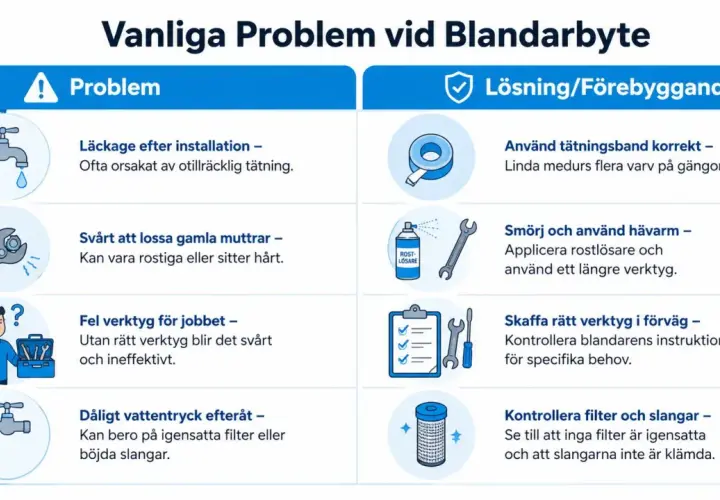 Vanliga problem vid byta duschblandare: läckage, rostiga muttrar, fel verktyg, dåligt vattentryck. Lösningar: täta rätt, smörj, använd rätt verktyg, kontrollera filter.