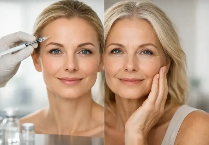 Före och efter-bilder visar en kvinna som får botox i pannan. Bilden till höger visar samma kvinna med mer åldrade drag.
