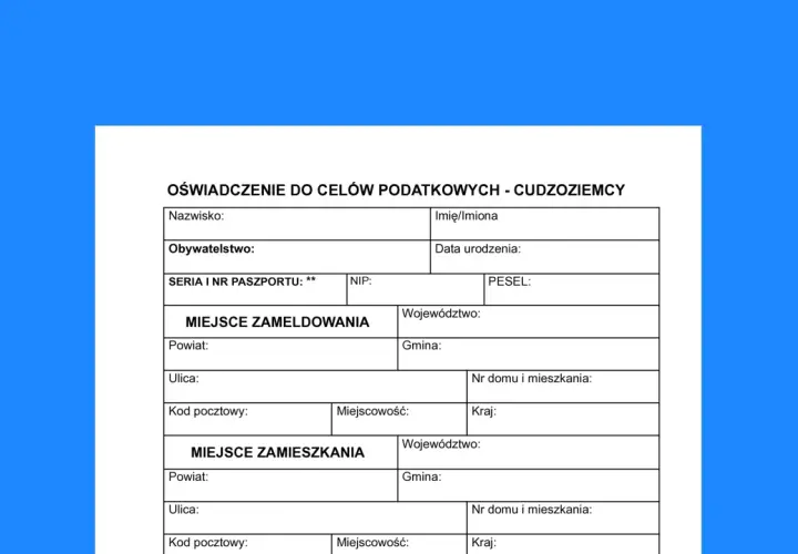 Formularz "Oświadczenie o rezydencji podatkowej" dla cudzoziemców, zawiera pola na dane osobowe, adres zameldowania i zamieszkania.