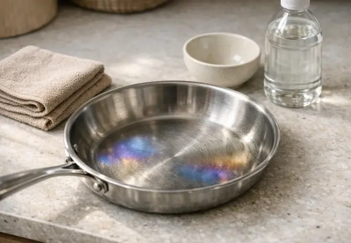 Casserole inox aux reflets irisés, comme des taches bleues, prête pour un nettoyage. À côté, une serviette pliée et un petit bol.