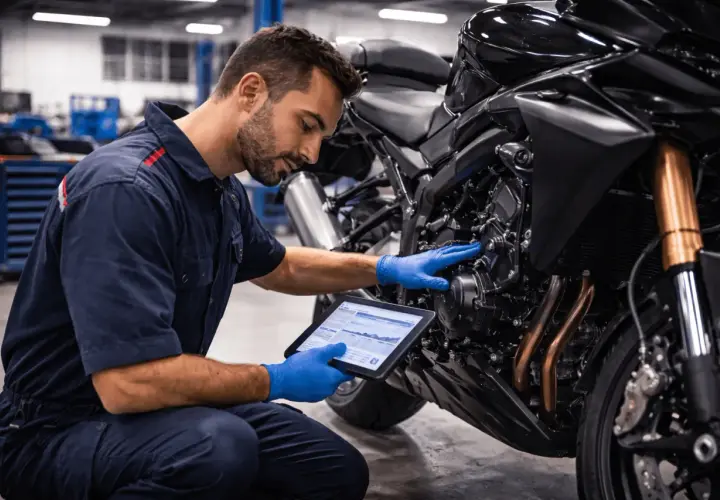 Mecánico revisa datos en tablet mientras examina un motor 4 tiempos que arranca y se para.