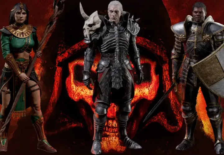 Trzy ikoniczne diablo 2 postacie: Amazonka, Nekromanta i Paladyn, stoją na tle płonącego symbolu.