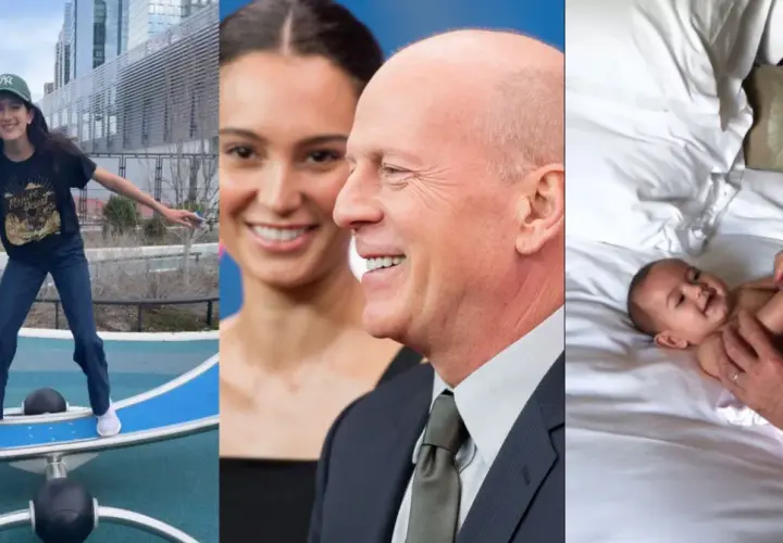 Emma Heming z dziećmi: córka na placu zabaw, ona i Bruce Willis, oraz Bruce z niemowlęciem.