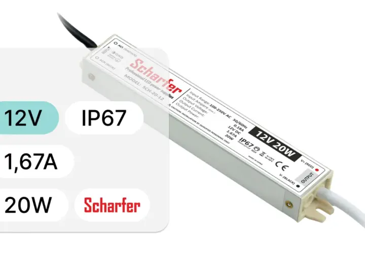 Profesjonalne zasilacze wodoodporne Scharfer 12V 20W, IP67, idealne do trudnych warunków.