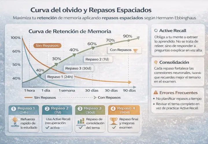 Gráfico de la curva del olvido y repasos espaciados, clave para oposiciones. Muestra cómo la retención de memoria mejora con repasos.