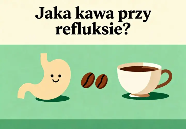 Uśmiechnięty żołądek, ziarna kawy i filiżanka. Czy można pić kawę przy refluksie? Dowiedz się, jaka kawa jest najlepsza.