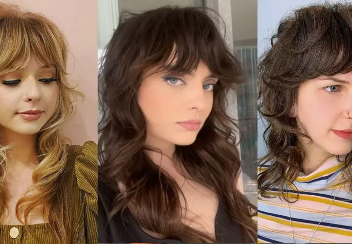 Tres mujeres lucen un corte shaggy con capas y flequillo, mostrando diferentes tonalidades de cabello y estilos.
