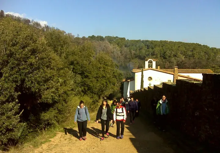 Un grupo de excursionistas camina por un sendero rural hacia una ermita blanca con un campanario. El paisaje es verde y montañoso, con árboles y vegetación. El sol brilla en un cielo azul claro. La ruta parece ser un camino de peregrinación, quizás hac...