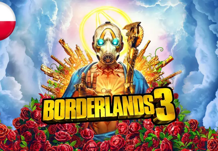 Psycho z Borderlands 3 otoczony bronią i różami. Flaga Polski sugeruje polskie spolszczenie gry.