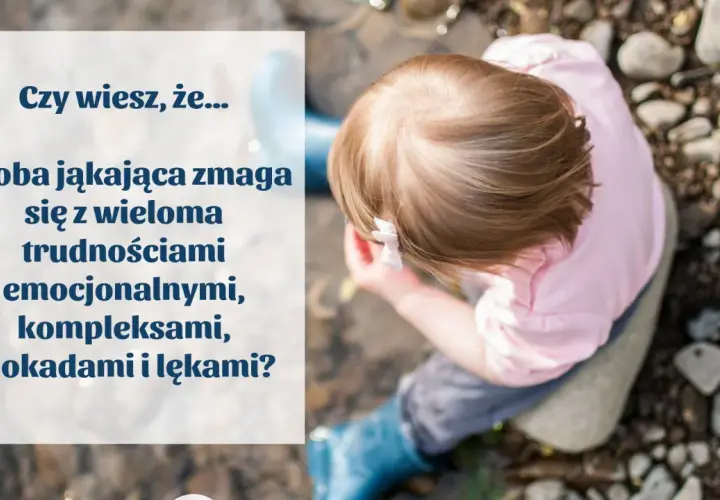 Dziecko z kokardką na głowie. Tekst: "Osoba jąkająca zmaga się z wieloma trudnościami emocjonalnymi, kompleksami, blokadami i lękami?". Dowiedz się, jak przestać się jąkać.