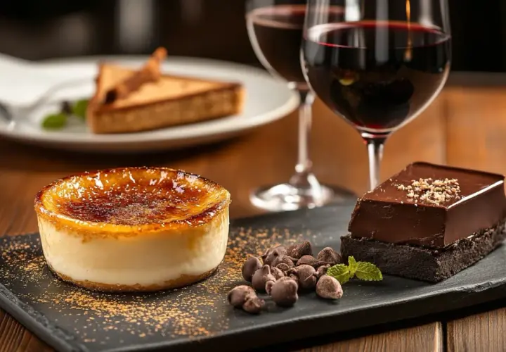 Un délice sucré : crème brûlée, gâteau au chocolat et deux verres de vin rouge. Quel vin rouge avec dessert ? L'accord parfait pour un moment gourmand.