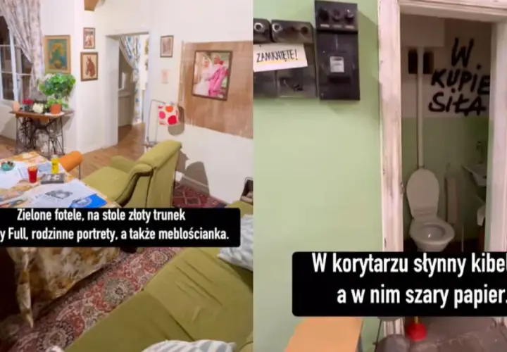 Wnętrze mieszkania z serialu "Świat według Kiepskich". Zielone fotele, meblościanka i słynny kibelek w korytarzu.