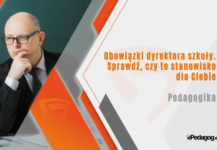 Zamyślony dyrektor szkoły w okularach, z klepsydrą na biurku. Czy obowiązki dyrektora szkoły są dla Ciebie?