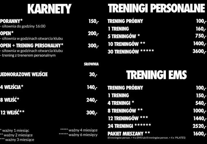 Cennik karnetów i treningów. Dowiedz się, ile kosztuje trener personalny i pakiety EMS.