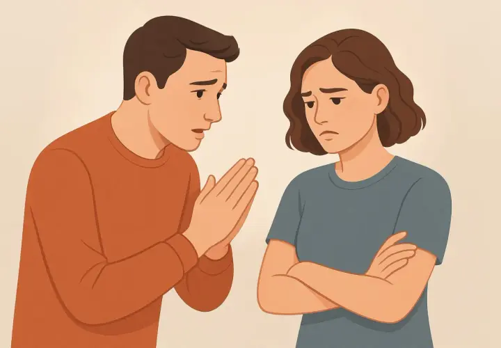 Chłopak z dłońmi złożonymi w geście prośby próbuje wyjaśnić koleżance, jak powiedzieć koledze, że mi się podoba. Ona słucha z niechęcią.