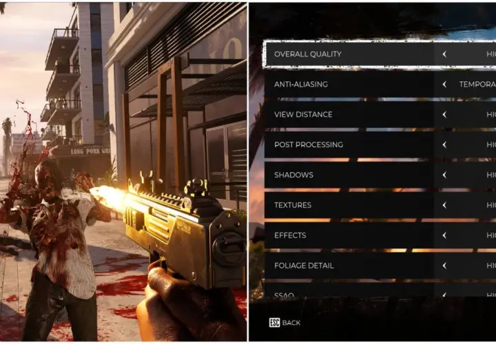 Configuration de Dead Island 2 : le joueur ajuste les paramètres graphiques en pleine action contre des zombies.