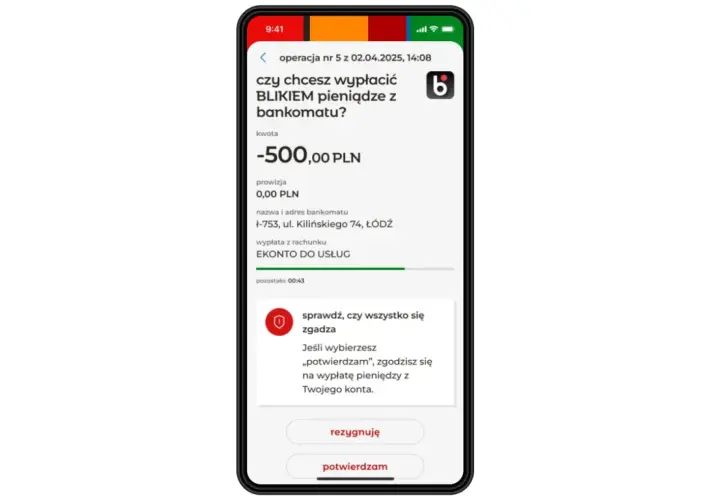 Ekran telefonu z potwierdzeniem wypłaty 500 zł BLIKIEM z bankomatu mBank.