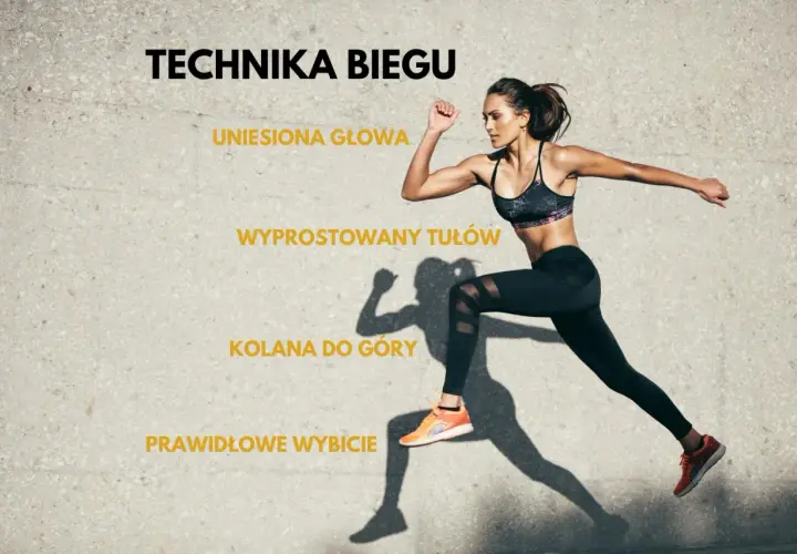 Kobieta demonstruje prawidłową technikę biegu: uniesiona głowa, wyprostowany tułów, kolana do góry, prawidłowe wybicie.