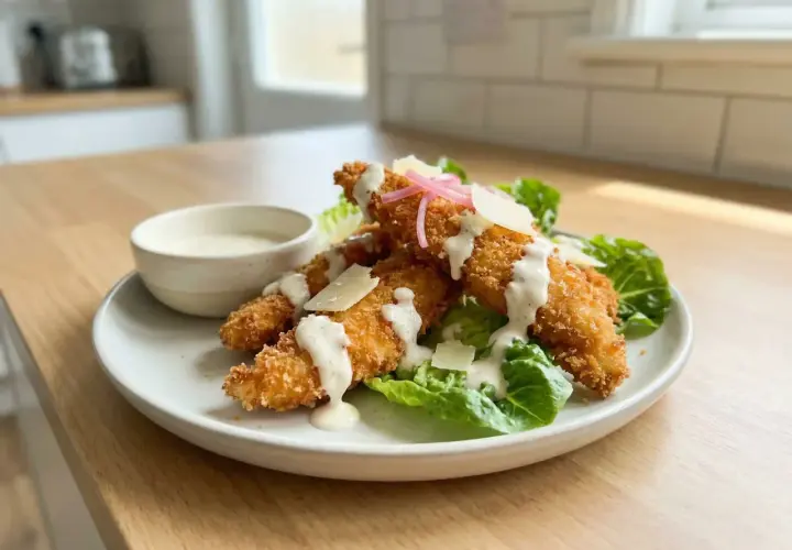 Krispiga bitar av panerad kyckling från airfryer serveras på salladsbädd med krämig dressing och parmesan. Enkelt och gott!