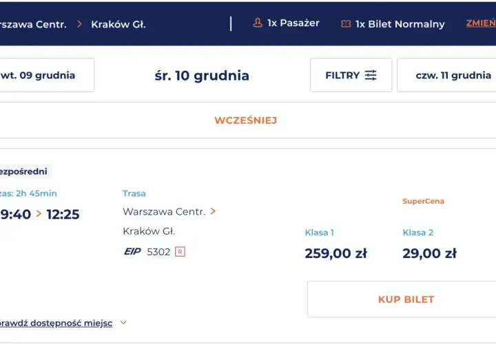Promocje na bilety PKP: Warszawa - Kraków, śr. 10 grudnia. SuperCena na klasę 2 za 29 zł.