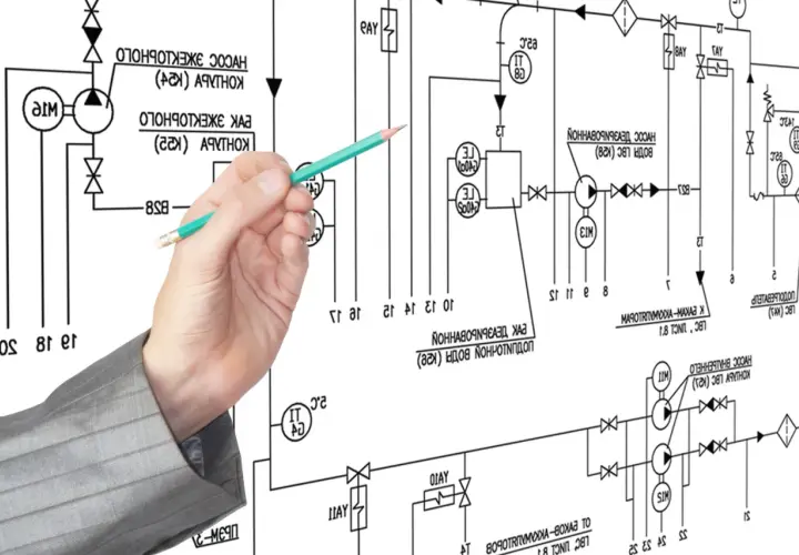 Main d'un homme en costume pointant un schéma technique complexe avec un crayon. Le schéma représente un système de tuyauterie et de vannes, avec des symboles et du texte. Le va et vient des fluides est représenté par des flèches.