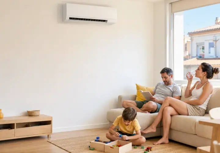 Familia relajada en un salón con un cool aire acondicionado. El padre lee, la madre bebe agua y el hijo juega.