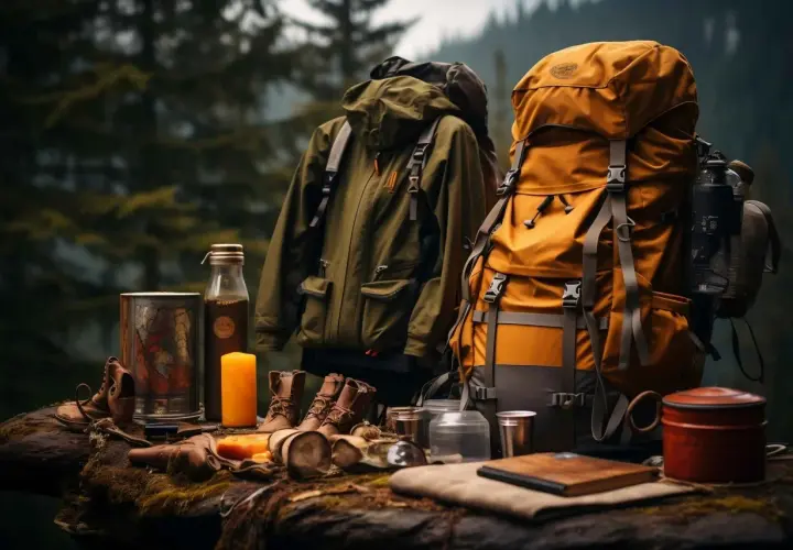 Jaki plecak w góry? Dwa plecaki, zielona kurtka, buty i akcesoria survivalowe na kamieniu w lesie.