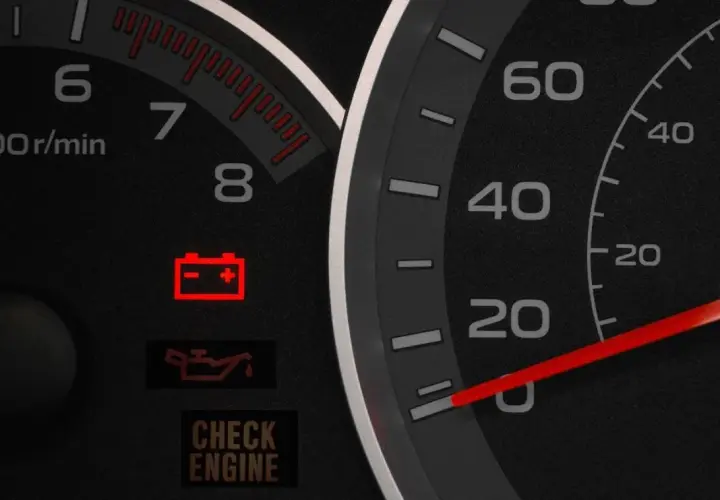 Tablero de coche con luz de batería encendida, indicando un problema con el alternador.