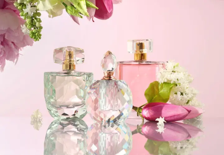 Trzy eleganckie flakoniki perfum na różowym tle, ozdobione kwiatami.