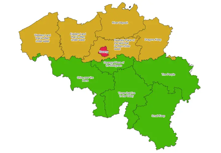 Karte von Belgien, die Regionen mit fantasievollen Namen wie "Western Land" und "Dragons Keep" zeigt. Das Bahnnetz Belgiens ist hier als eine Art Landkarte mit verschiedenen Gebieten dargestellt.