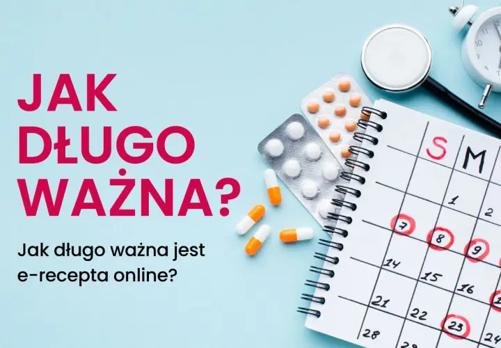 Tabletki, kalendarz z zaznaczonymi dniami, stetoskop i budzik na niebieskim tle.