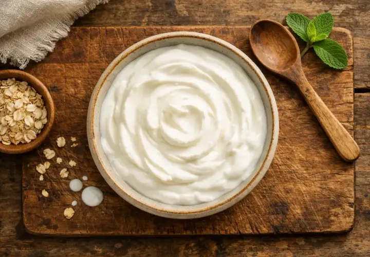Yogur griego cremoso en un tazón, con avena y una cuchara de madera. Ideal para controlar las calorías del yogur griego.