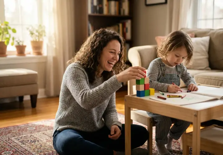 Radosna mama buduje wieżę z klocków, obserwując, jak dziecko rysuje. To piękne etapy rozwoju dziecka, pełne nauki i zabawy.