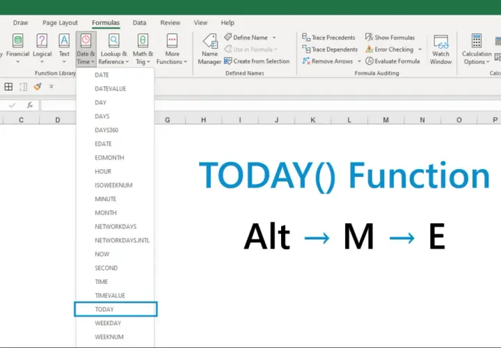 Excel Formulas tab with Date & Time dropdown open, highlighting TODAY.