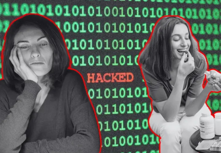 Dwie kobiety na tle kodu binarnego. Jedna znużona, druga je suplementy. Czy to biohacking?