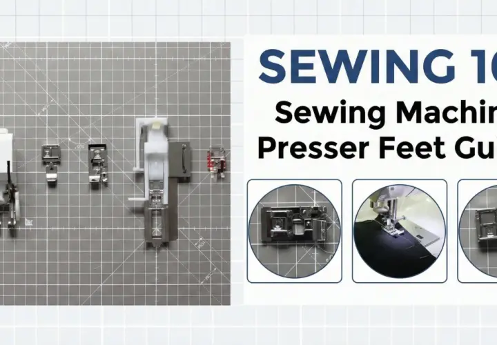 Sewing machine presser feet guide, showing various presser feet on a cutting mat. What is a presser foot? It's the part that holds fabric down while sewing.