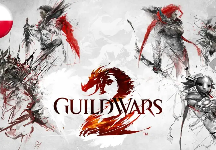Grafika z gry Guild Wars 2, z polską flagą. Postacie i smok w stylu szkicu, sugerujące polskie spolszczenie gry.