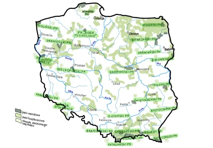 Mapa Polski z zaznaczonymi parkami narodowymi. Ile jest parków narodowych w Polsce? Na mapie widać ich wiele, od Bałtyku po Tatry.