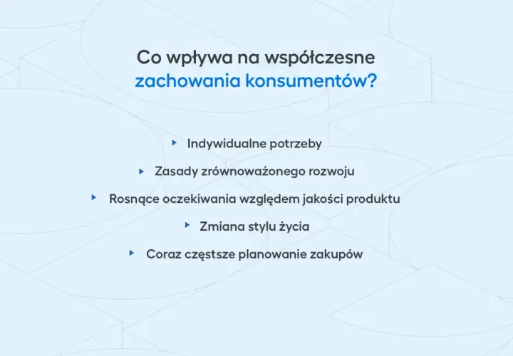 Współczesne zachowania konsumentów kształtują indywidualne potrzeby, zasady zrównoważonego rozwoju, rosnące oczekiwania jakościowe, zmianę stylu życia i planowanie zakupów.