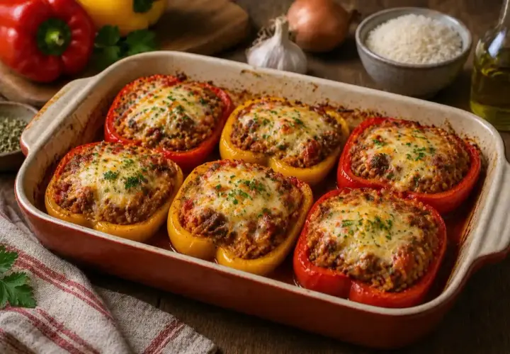 Poivrons farcis, colorés et gratinés, prêts à être dégustés. Un plat savoureux et réconfortant.