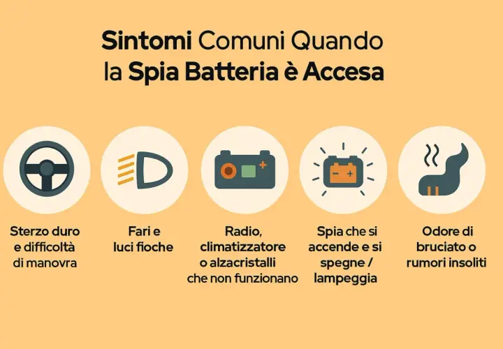 Simboli auto: sterzo duro, fari fioci, radio non funzionante, spia batteria accesa/spenta, odore di bruciato. Indica problemi con il simbolo batteria scarica auto.