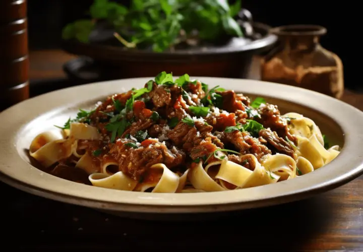 Pappardelle z bogatym ragu z jagnięciny, posypane parmezanem i świeżą pietruszką.