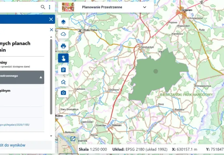 Plan ogólny Gminy Wąsosz widoczny na mapie, z zaznaczonym Biebrzańskim Parkiem Narodowym.