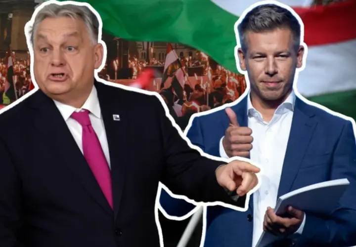 Dwóch mężczyzn na tle tłumu z węgierskimi flagami.