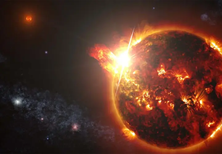 Jasna gwiazda, być może Gliese 710, wybucha w kosmosie. W tle widać inne gwiazdy i mgławicę.