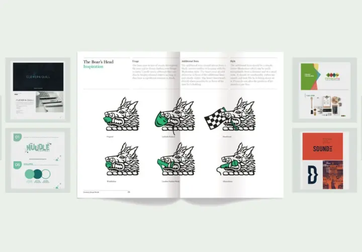 Étude de cas pour créer une marque : un guide de style pour un logo de sanglier, des exemples de logos et des palettes de couleurs.